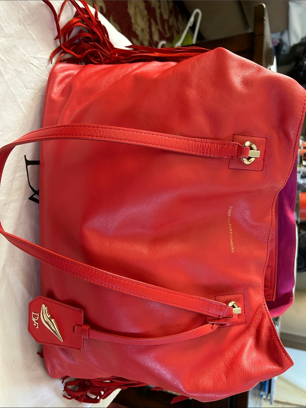 Diane Von Furstenberg Bright Red Leather Shoulder Tote with Gold Hardware